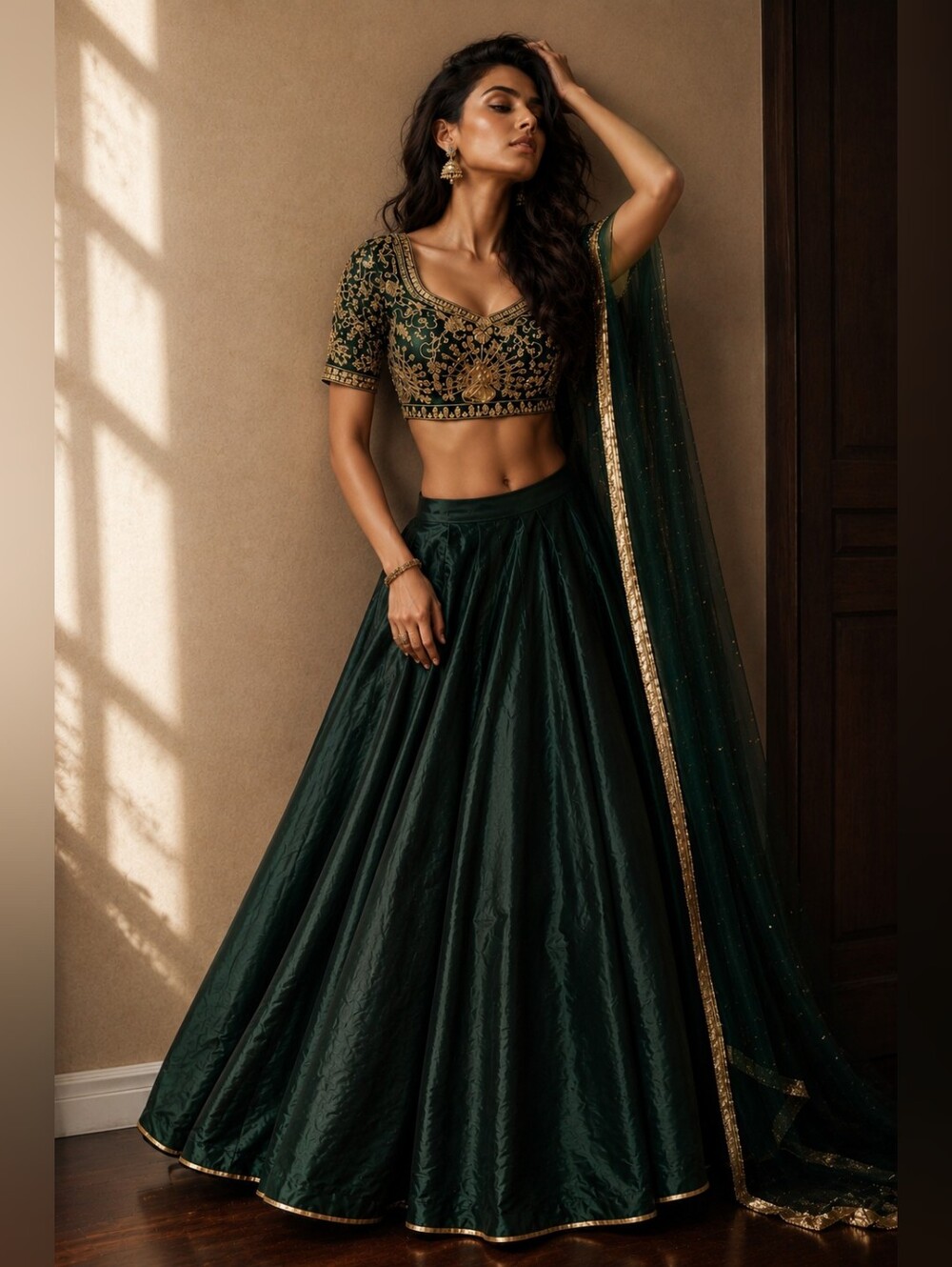 Emerald Green Satin Embroidered Lehenga Choli Set - Size US 6